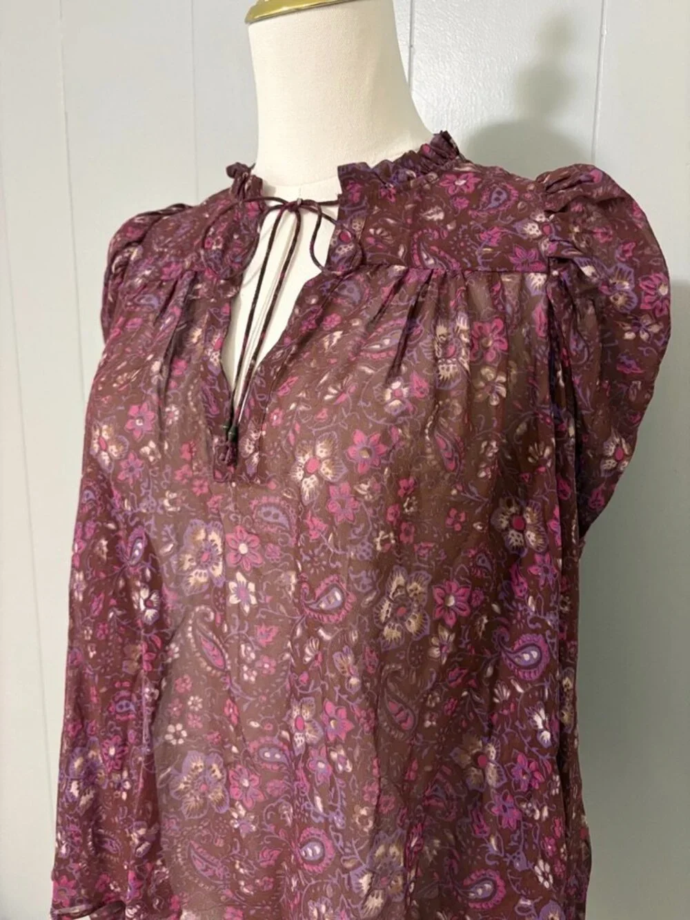 Ulla Johnson Renly Blouse Sumac Floral Paisley 100% Silk Sz 0 Ruffle Puff Sleeve